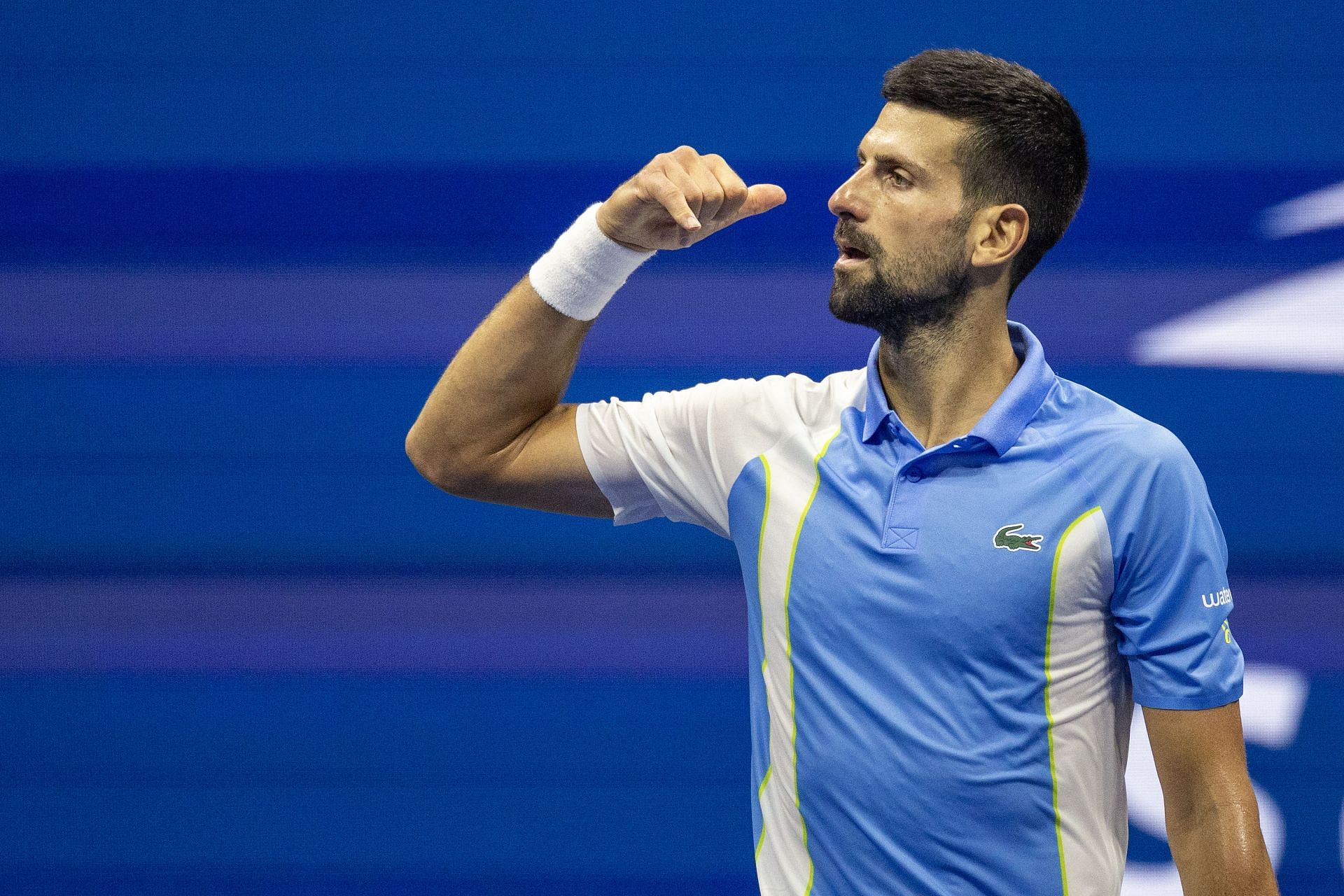 Novak Djokovic copying Ben Shelton&#039;s &#039;dialed in&#039; celebration after defeating the American in the semifinals of the 2023 US Open (Source: Getty)