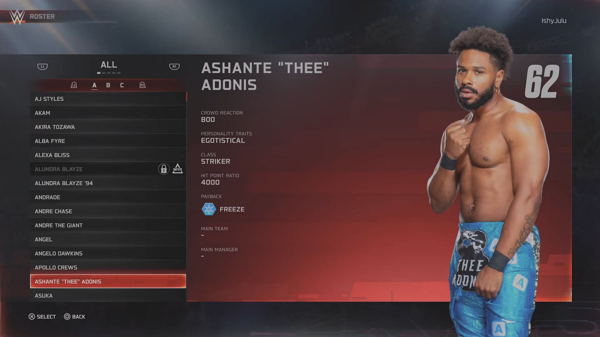 Ashante Thee Adonis has a rating of 62 (Image via 2K Games || YouTube/@BottomTier)