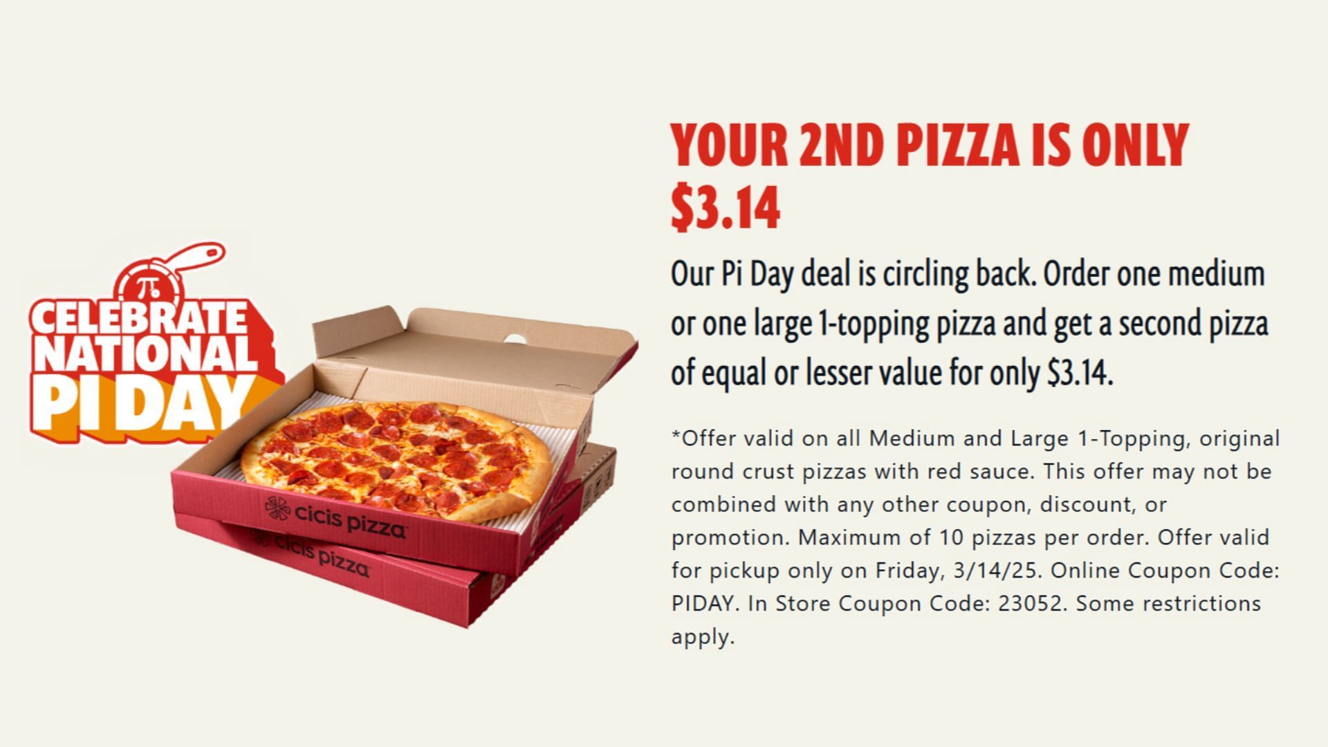 Enjoy a pizza for $3.14* at Cicis Pizza with a special code- PIDAY (Image via Cicis Pizza)