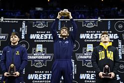 NCAA 165 lbs champion Mitchell Mesenbrink beams with pride over Penn State's team title win