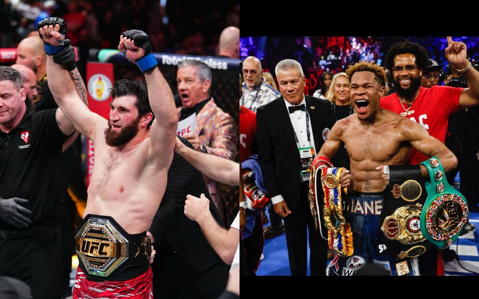 Devin Haney (right)reacts to fellow Muslim Magomed Ankalaev