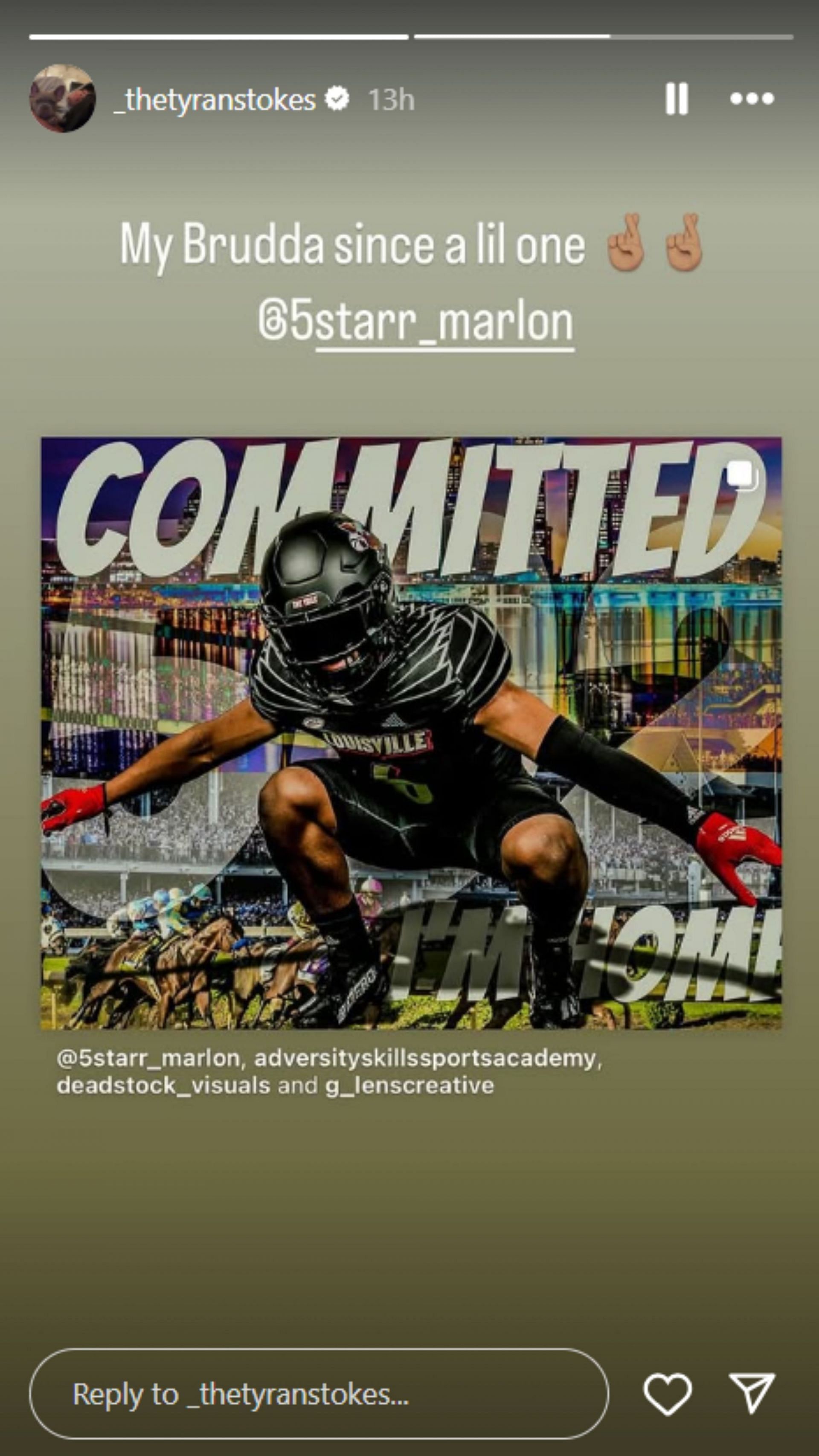 &quot;My Brudda&quot;: Notre Dame&#039;s Tyran Stokes shares his reaction to Kentucky&#039;s No. 1 high school recruit committing to Louisville football (Image: IG/_thetyranstokes)