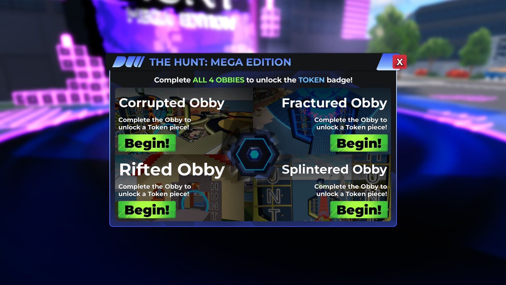 You must complete all four obbys to unlock the token (Image via Roblox)