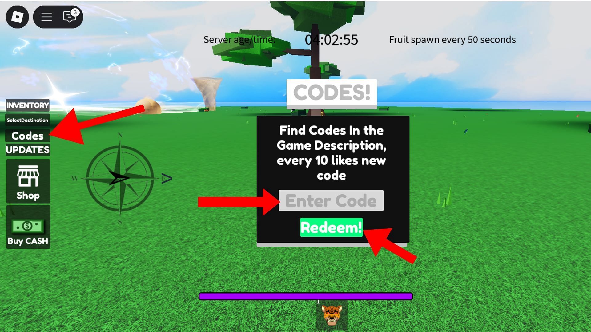 Click the Codes tab to open the redemption window (Image via Roblox)