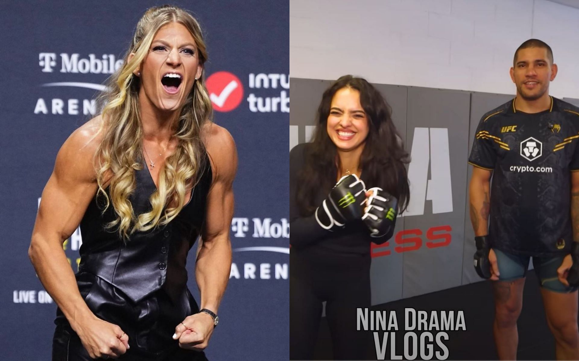 Kayla Harrison (left) reacts to a new skit by Nina-Marie Daniele and Alex Pereira (right). [Image credit: @kaylaharrisonofficial on Instagram, Nina Drama on YouTube]