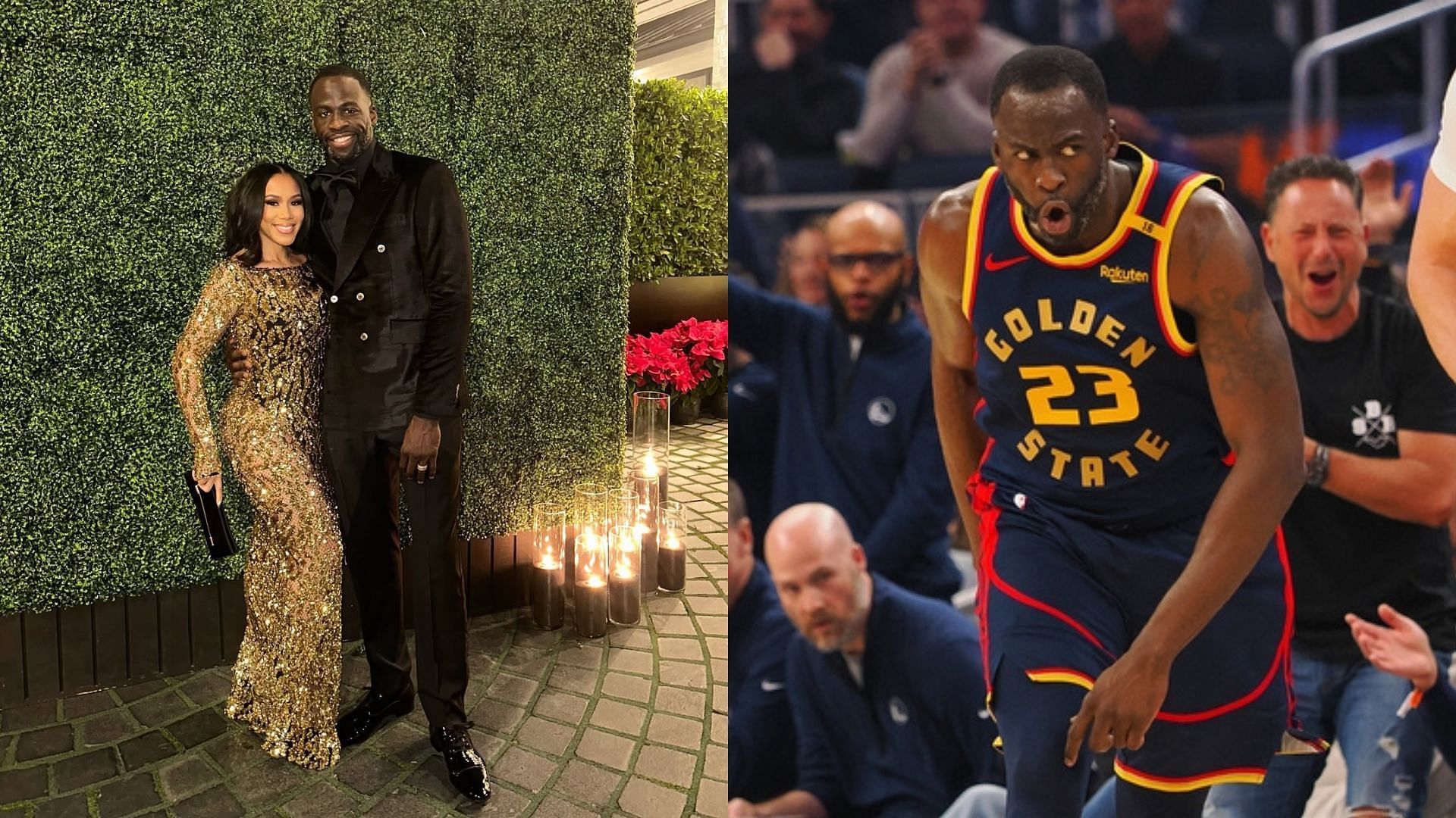 Draymond Green and his wife Hazel Renee pose for a photo, Draymond Green after scoring a basket at the Chase Center. Photo Credits: Hazel Renee