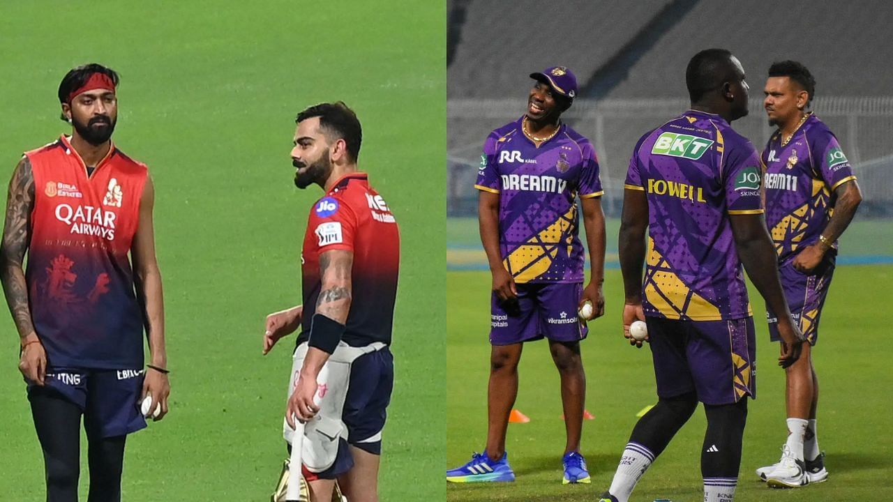 आरसीबी और केकेआर की टीम के सदस्य प्रैक्टिस सेशन के दौरान 