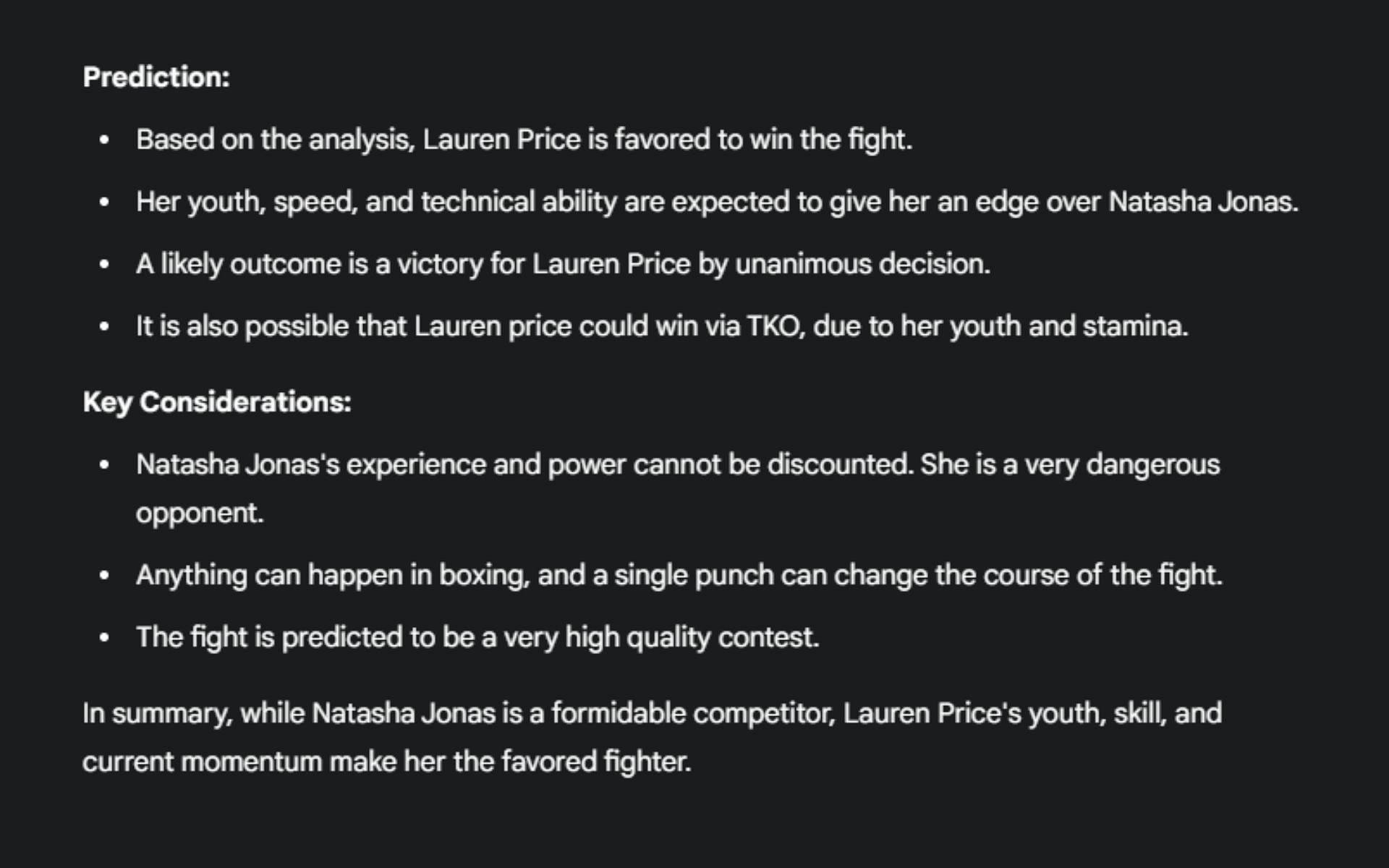 Screenshot of Google&#039;s AI prediction for the Natasha Jonas vs. Lauren Price boxing showdown