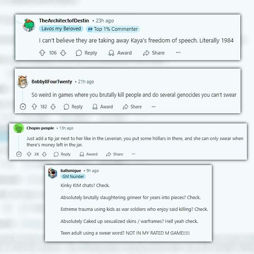 A representative collage of some comments across various posts (Image via r/Warframe)