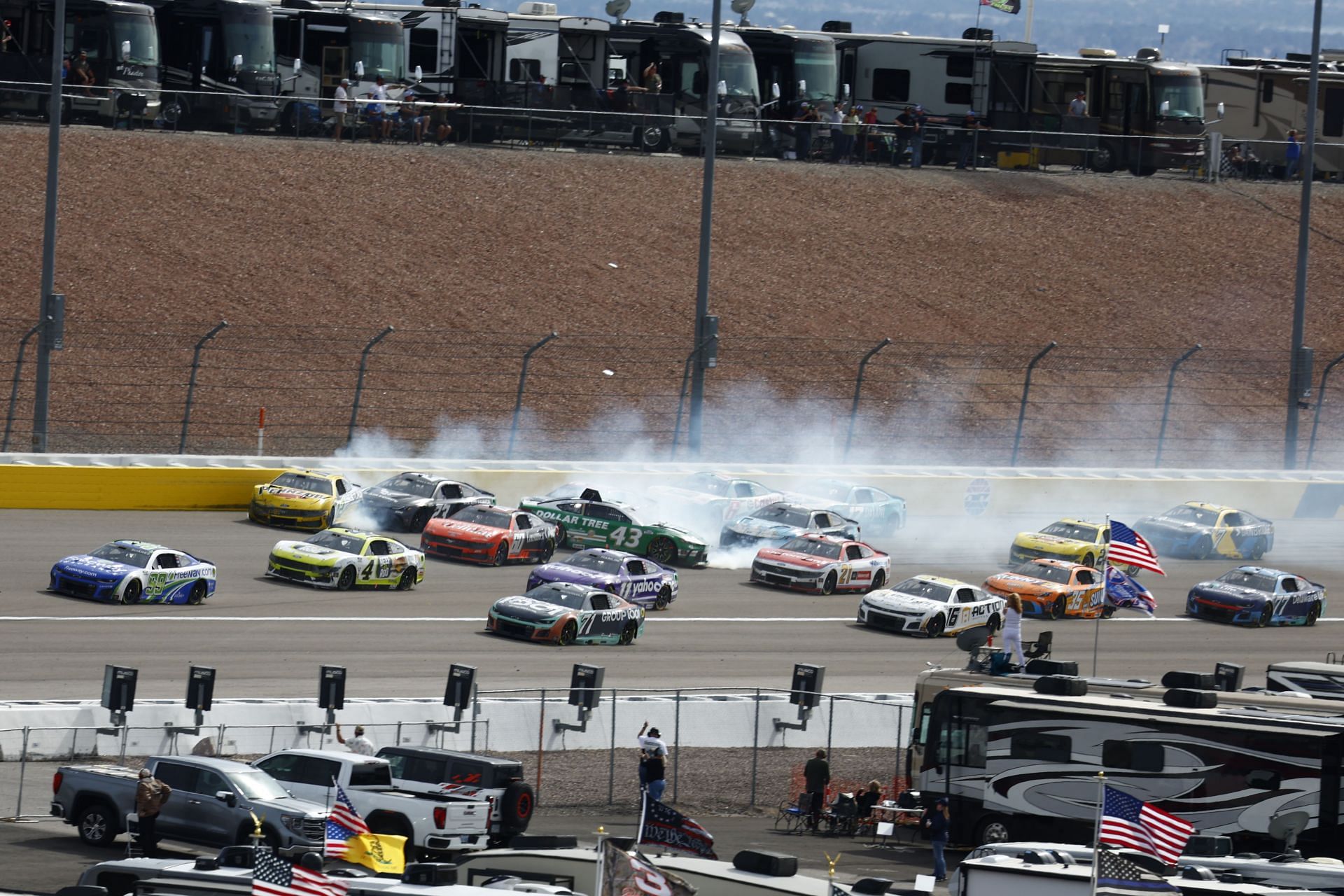 Ryan Blaney (#12 Team Penske Menards\Pennzoil Ford), Erik Jones (#43 LEGACY MOTOR CLUB Dollar Tree Toyota), Bubba Wallace (#23 23XI Racing U.S. Air Force Toyota) and others involved in a late wreck during the Pennzoil 400 NASCAR Cup Series race - Source: Getty