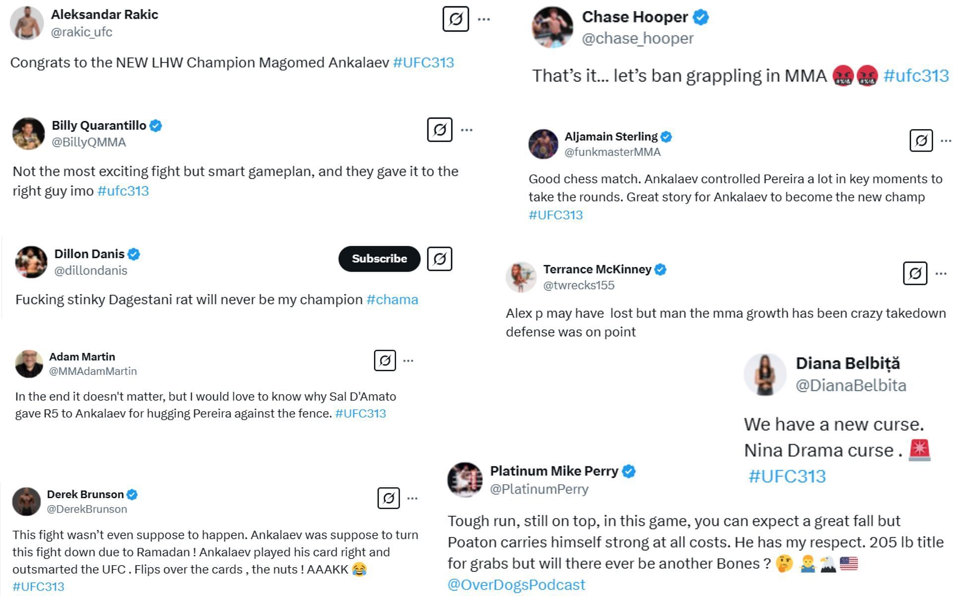 Screenshots of MMA personalities&#039; reaction to Magomed Ankalaev&#039;s win at UFC 313