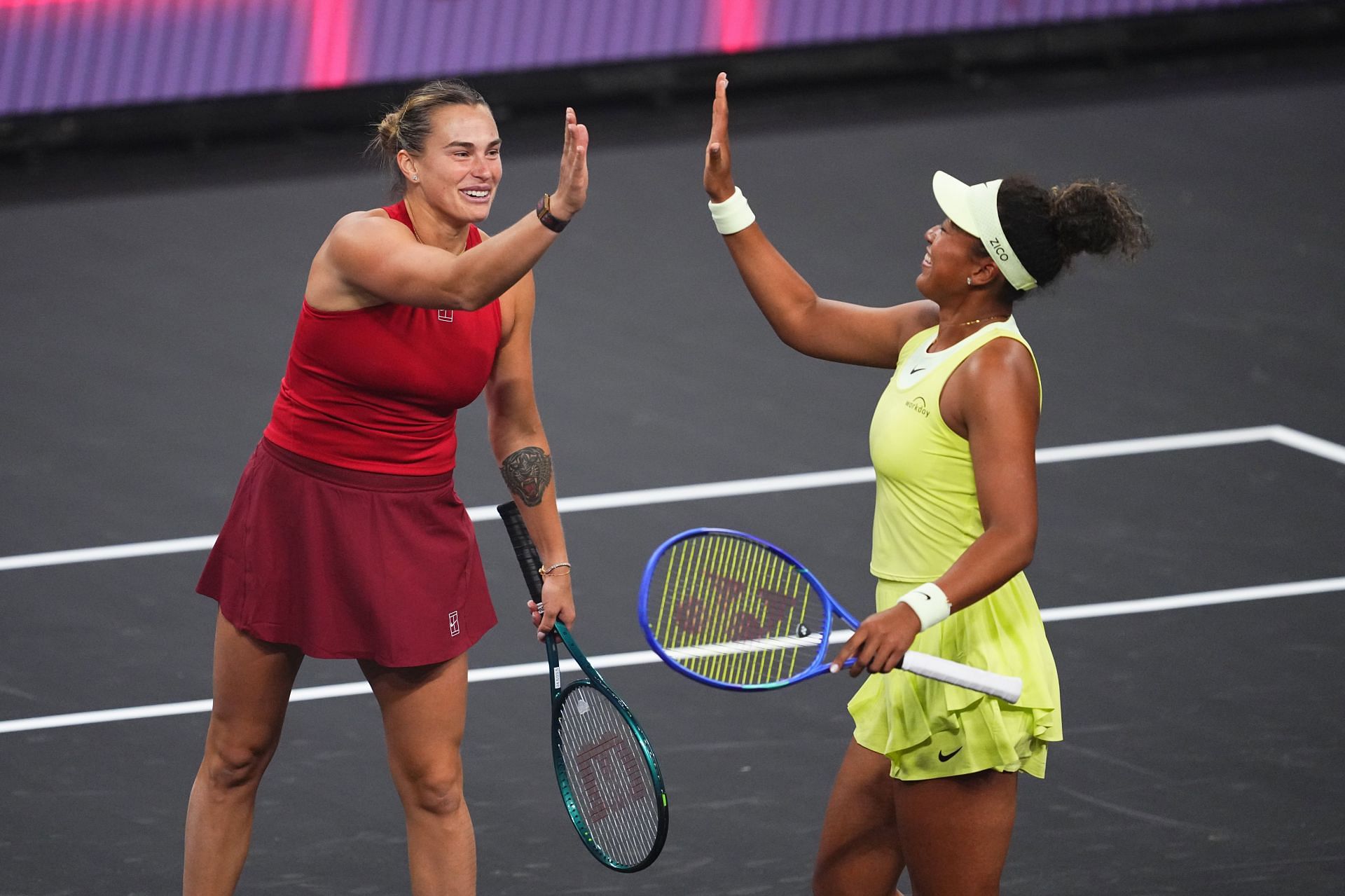 Aryna Sabalenka and Naomi Osaka during the MGM Rewards Slam. Source: Getty