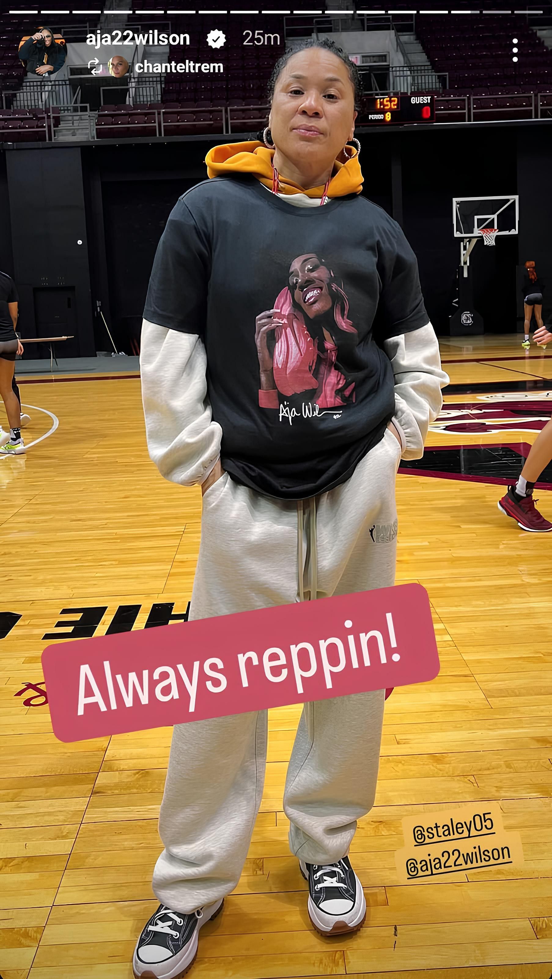 A&#039;ja Wilson&#039;s repost on Instagram of Dawn Staley sporting the A&#039;One collection - Source: Instagram_@aja22wilson