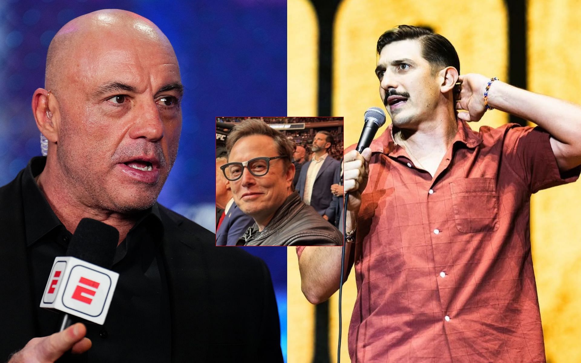 Joe Rogan (left) echoes Elon Musk&rsquo;s (middle inset) warnings of AI industry in talk with Andrew Schulz (right). [Images courtesy: Getty Images, @elonmusk on X and @andrewschulz on Instagram]