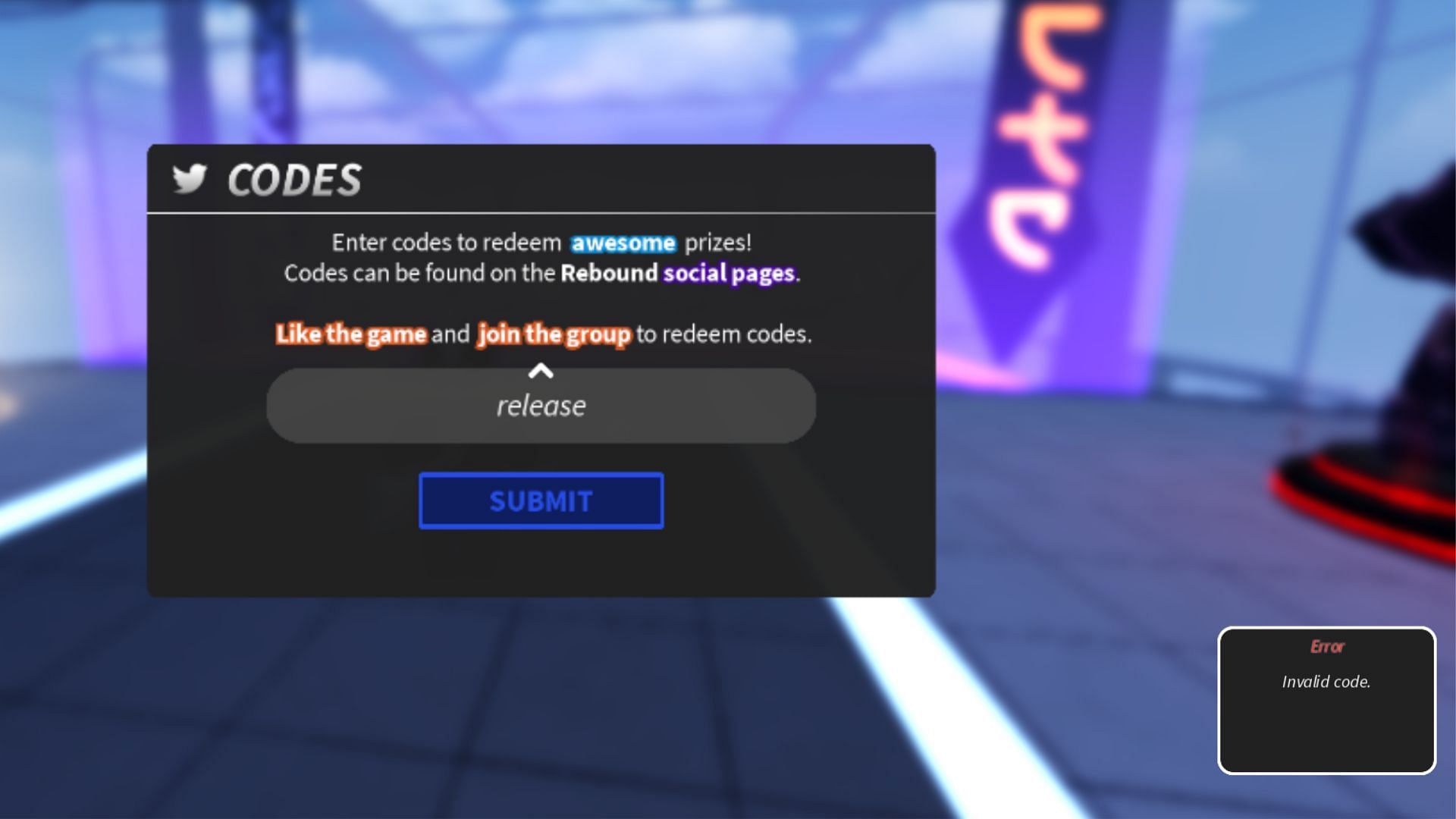 &quot;Invalid code&quot; error in Rebound (Image via Roblox)