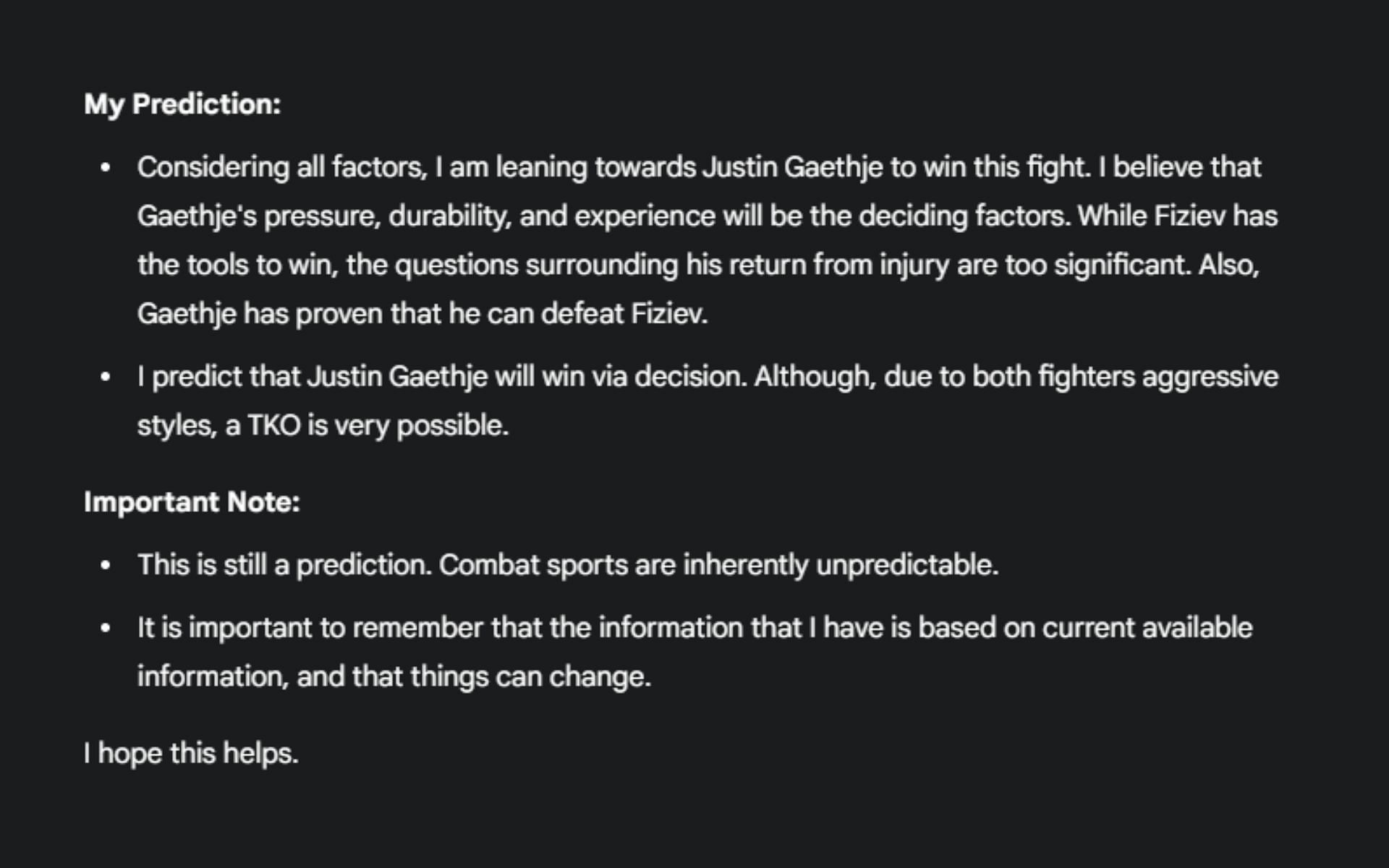 Screenshot of Google&#039;s AI prediction for Justin Gaethje vs. Rafael Fiziev 2, which is set to co-headline UFC 313.