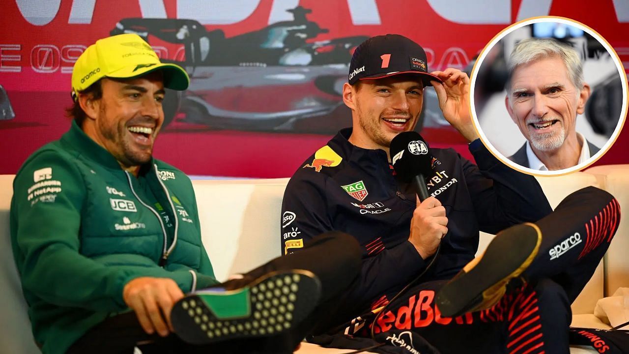 Fernando Alonso [L] with Max Verstappen [C], Damon Hill [R] [Image Source: Getty]