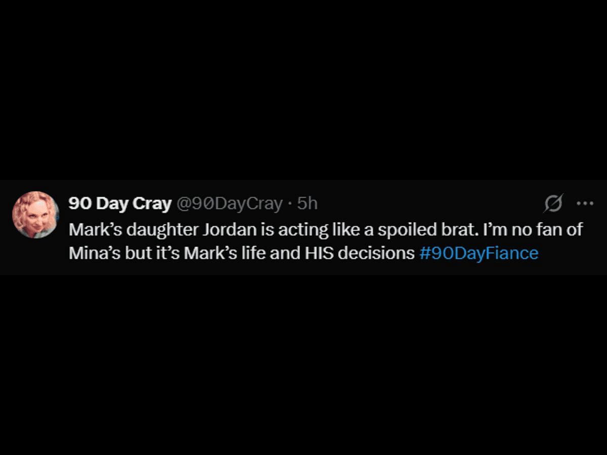 A 90 Day Fiance fan reacts to Jordan&#039;s behavior with Mina (Image via X/@90DayCray)