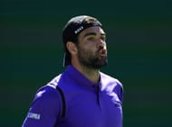Berrettini reacts after a point in the BNP Paribas Open - Source: Getty