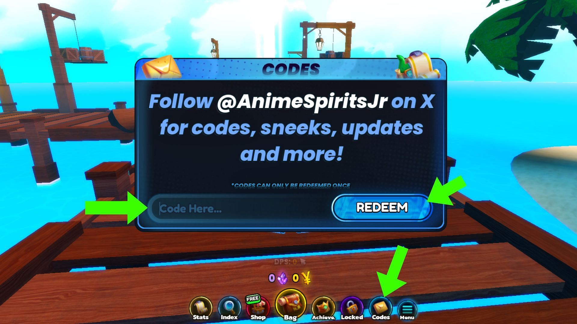 The Codes tab is indicated by a mail icon (Image via Roblox)