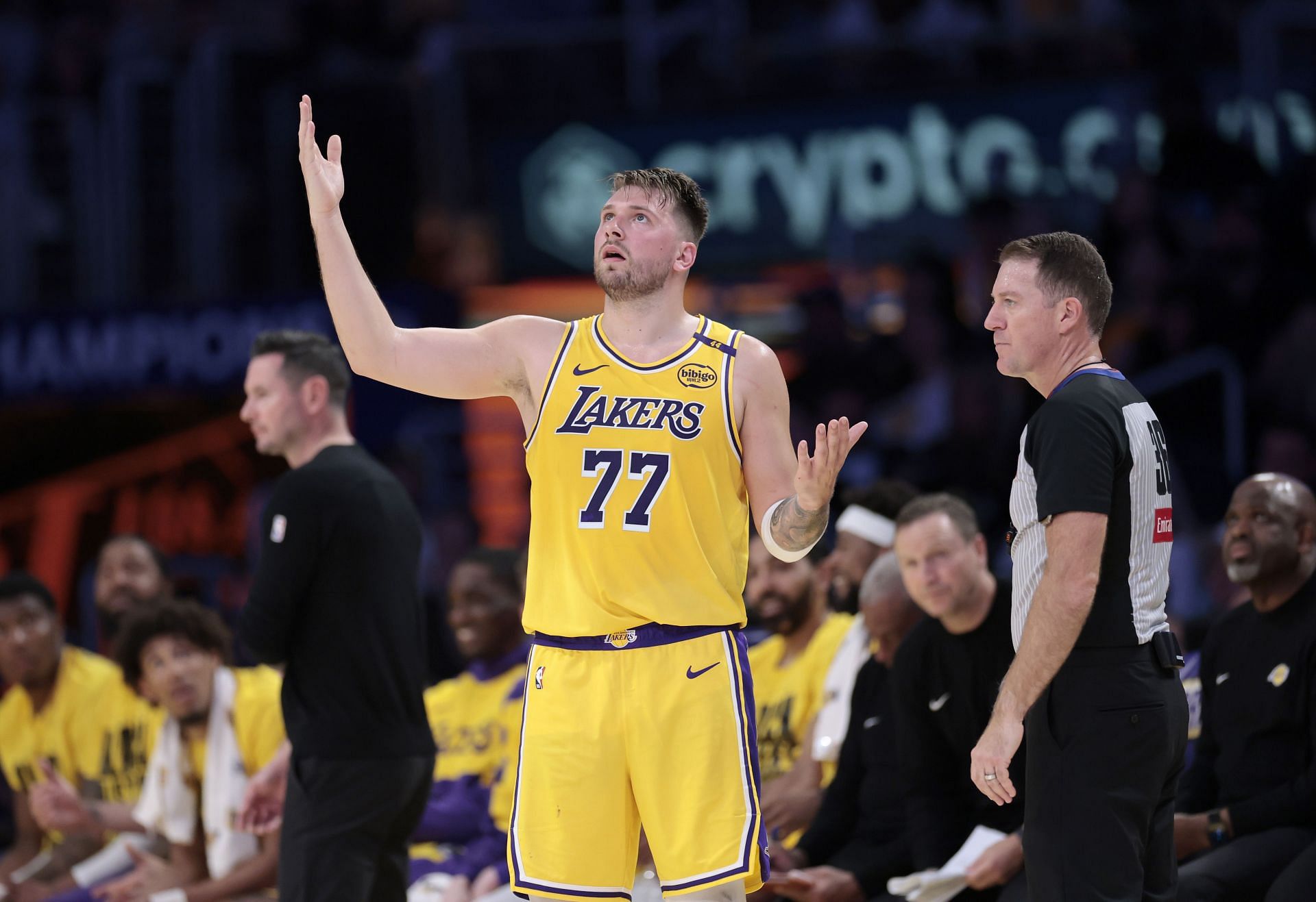 Luka Doncic reacting to a foul call by the referee against the Timberwolves - Source: Getty