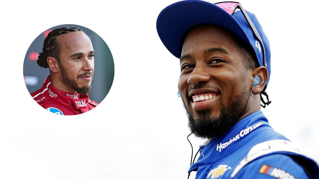 Lewis Hamilton and Rajah Caruth (Background Image via Imagn, Inset via Getty)