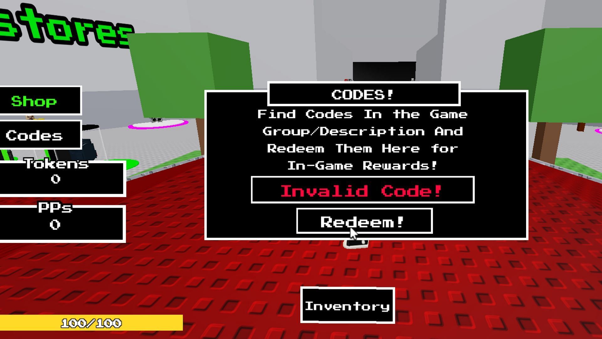 &quot;Invalid Code!&quot; error notification in Carl Boss Fight (Image via Roblox)