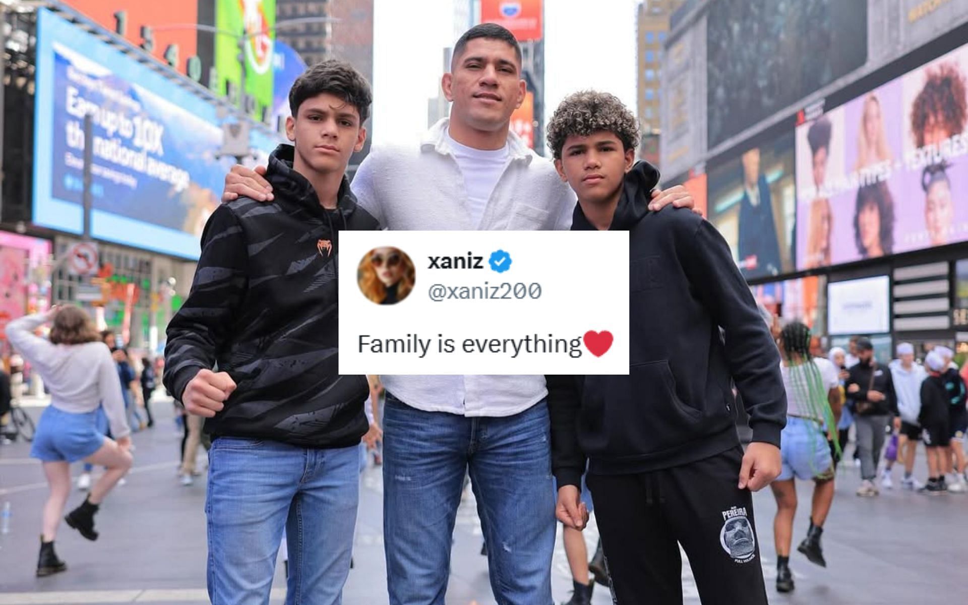 Alex Pereira (middle) headlined the UFC 313 event; his sons (left and right) were in attendance at UFC 313 [Image courtesy: @alexpoatanpereira on Instagram]