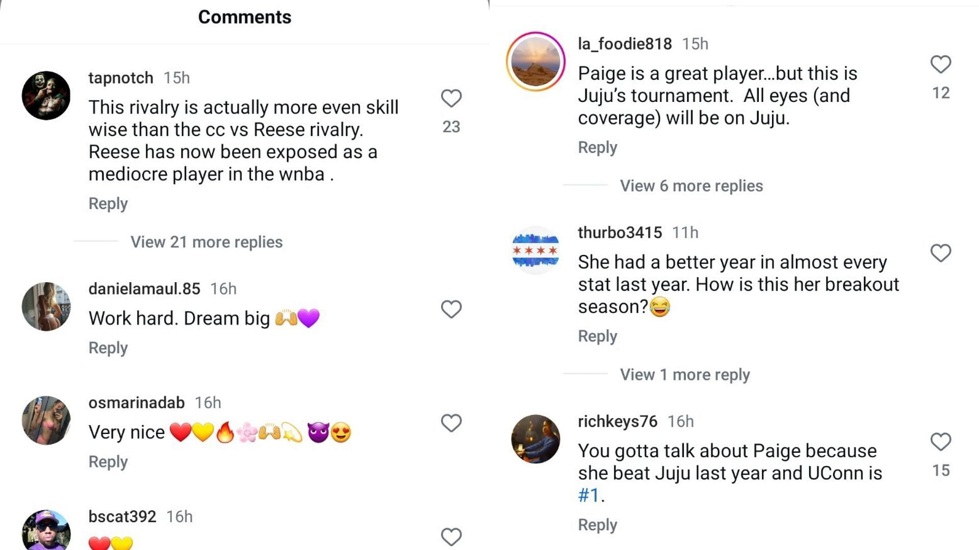 College hoops fans share their thoughts on the Paige Bueckers-JuJu Watkins debate on First Take&#039;s Instagram page. Source: Instagram/@firsttake