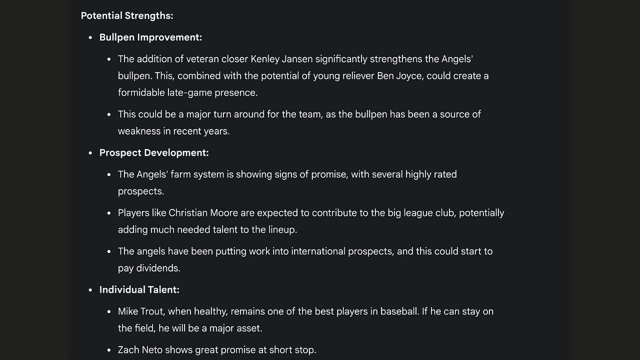 AI Program Google Gemini points out the Angels&#039; bullpen, young talent and outstanding individual ability as key strengths heading into the new season (Image from - Gemini.google.com)