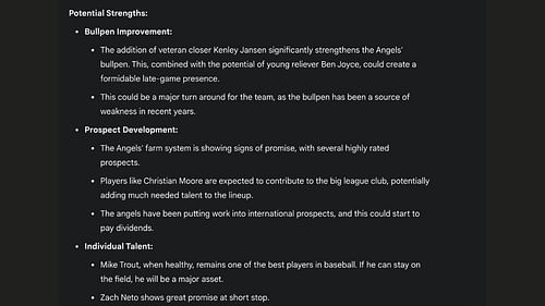AI Program Google Gemini points out the Angels' bullpen, young talent and outstanding individual ability as key strengths heading into the new season (Image from - Gemini.google.com)