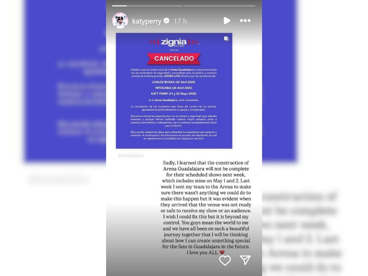 Singer Katy Perry canceled her upcoming The Lifetimes Tour dates for Mexico via Instagram stories. (Image via Instagram/@katyperry)