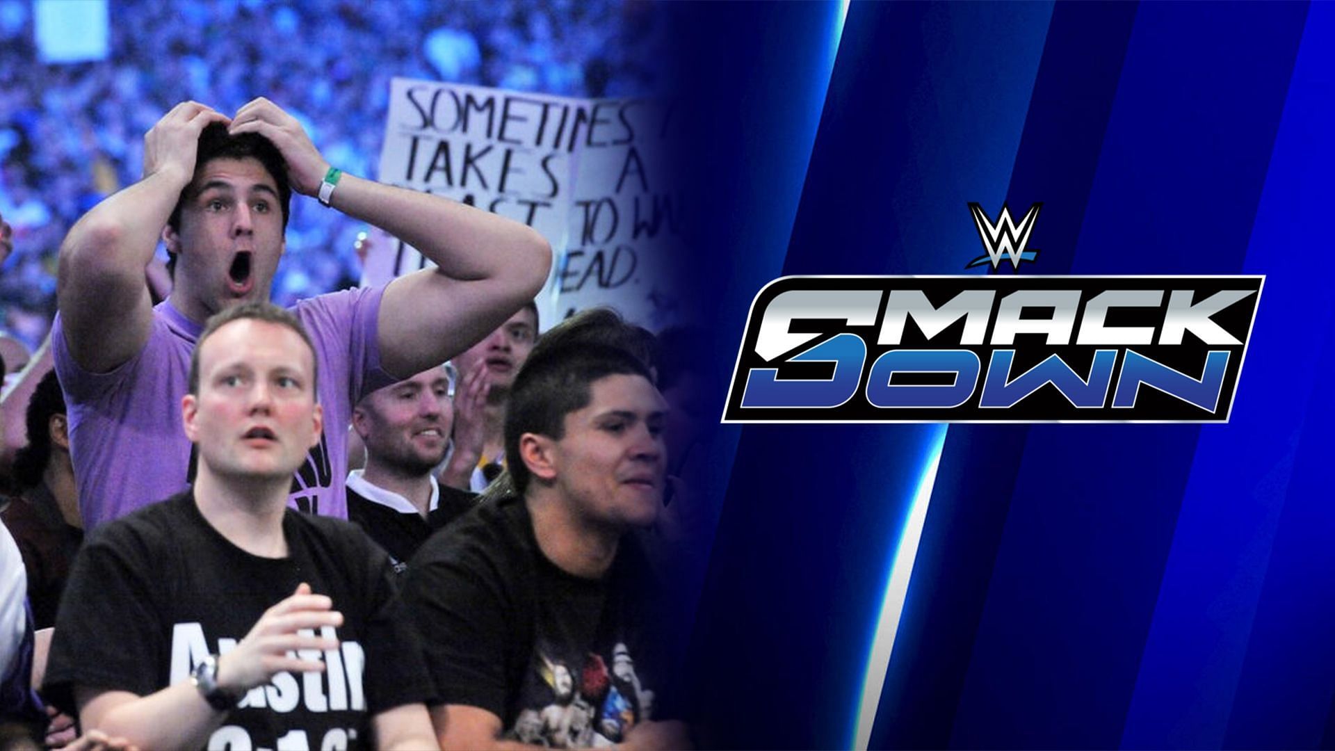 Shocked WWE fan and SmackDown logo in frame! (Credits: WWE.Com)