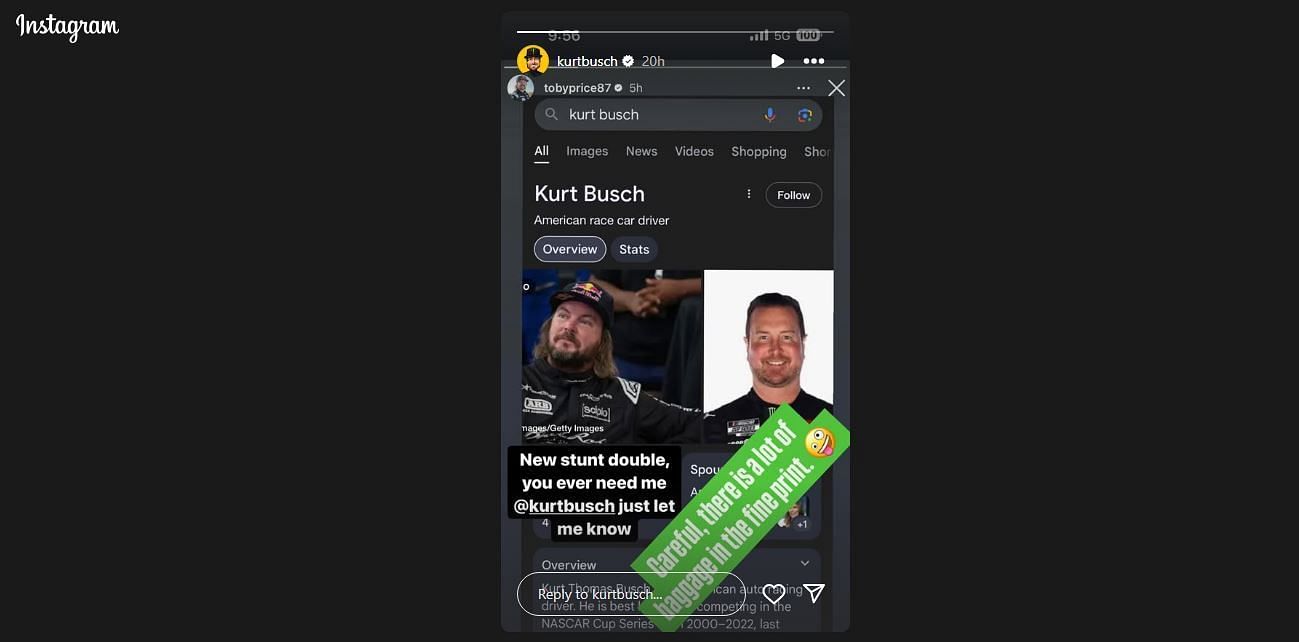 Kurt Busch&#039;s story on April 21. Source: @kurtbusch on Instagram