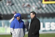 New York Giants coach Brian Daboll (left) and GM Joe Schoen (right) before an NFL game. (Credits: Getty)