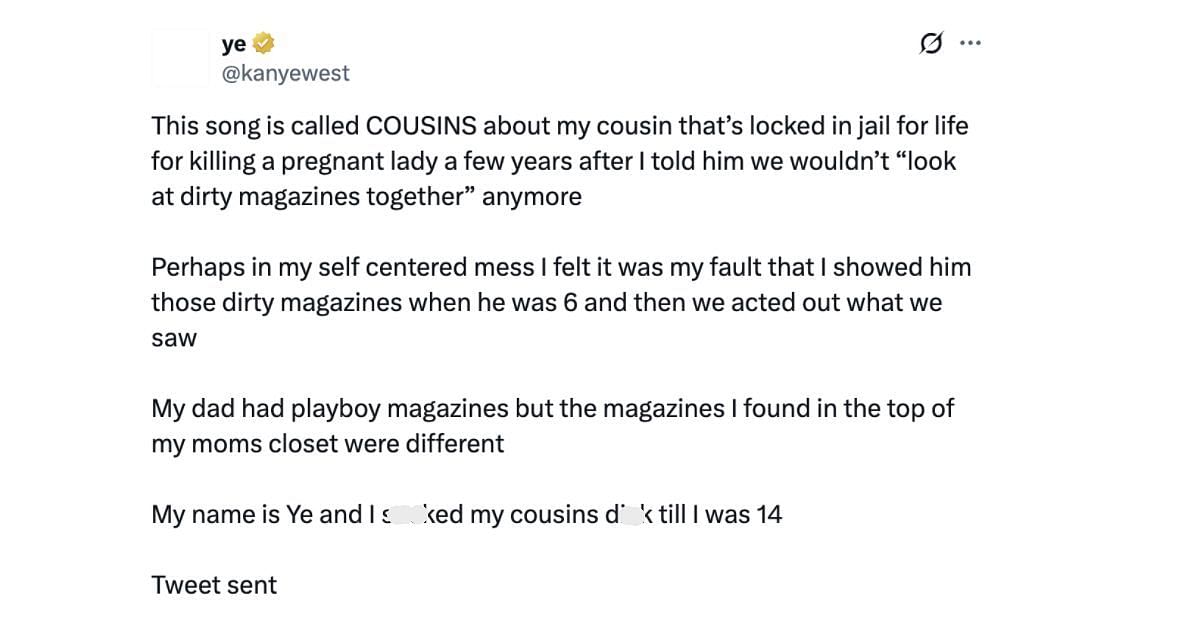 Screenshot of Kanye West&#039;s post about his song, Cousin (Image via X/@kanyewest)