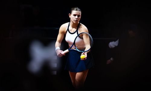 Jana Fett of Croatia in action against Rebeka Masarova during the final qualifications round ahead of the Porsche Tennis Grand Prix. Source: Getty