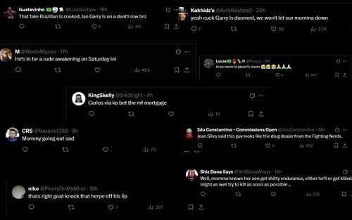 Screenshot of fan comments on Carlos Prates's mother's words ahead of his bout [Screenshot courtesy: @Home of Fight on X]