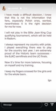 Iga Swiatek gives an update via social media - Source: @Swiatek Instagram