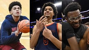 Koa Peat and Brayden Burries react as LeBron James' son Bryce James makes his commitment to Arizona Wildcats official