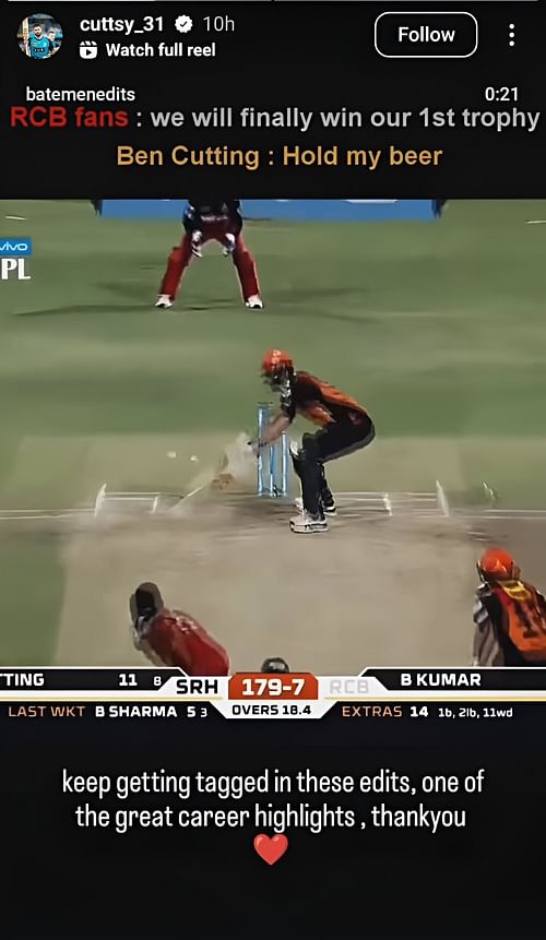 Ben Cutting shares a reel from the 2016 IPL final between RCB and SRH. Source - Ben Cutting/IG)