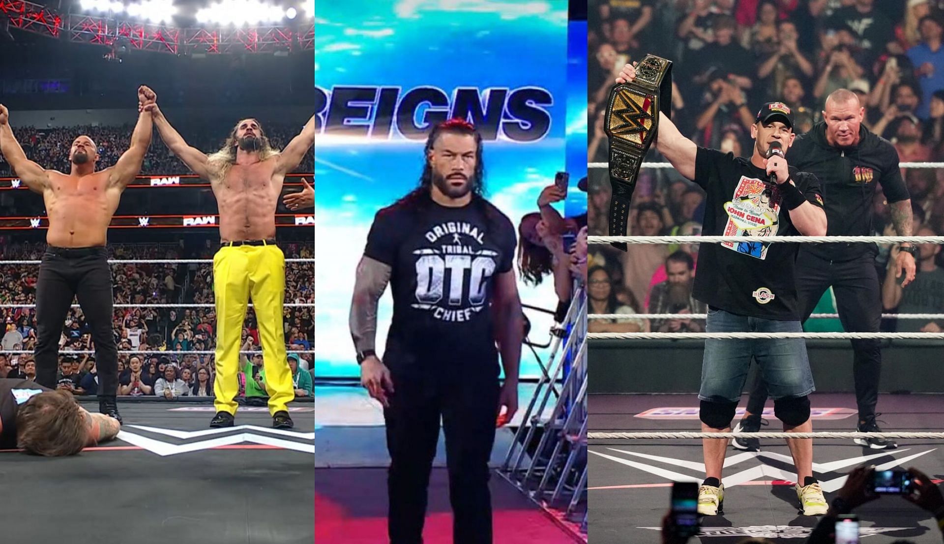 सैथ रॉलिंस, ब्रॉन ब्रेनर, रोमन रेंस और जॉन सीना एरीना में (Photo: SK Wrestling X &amp; WWE.com)