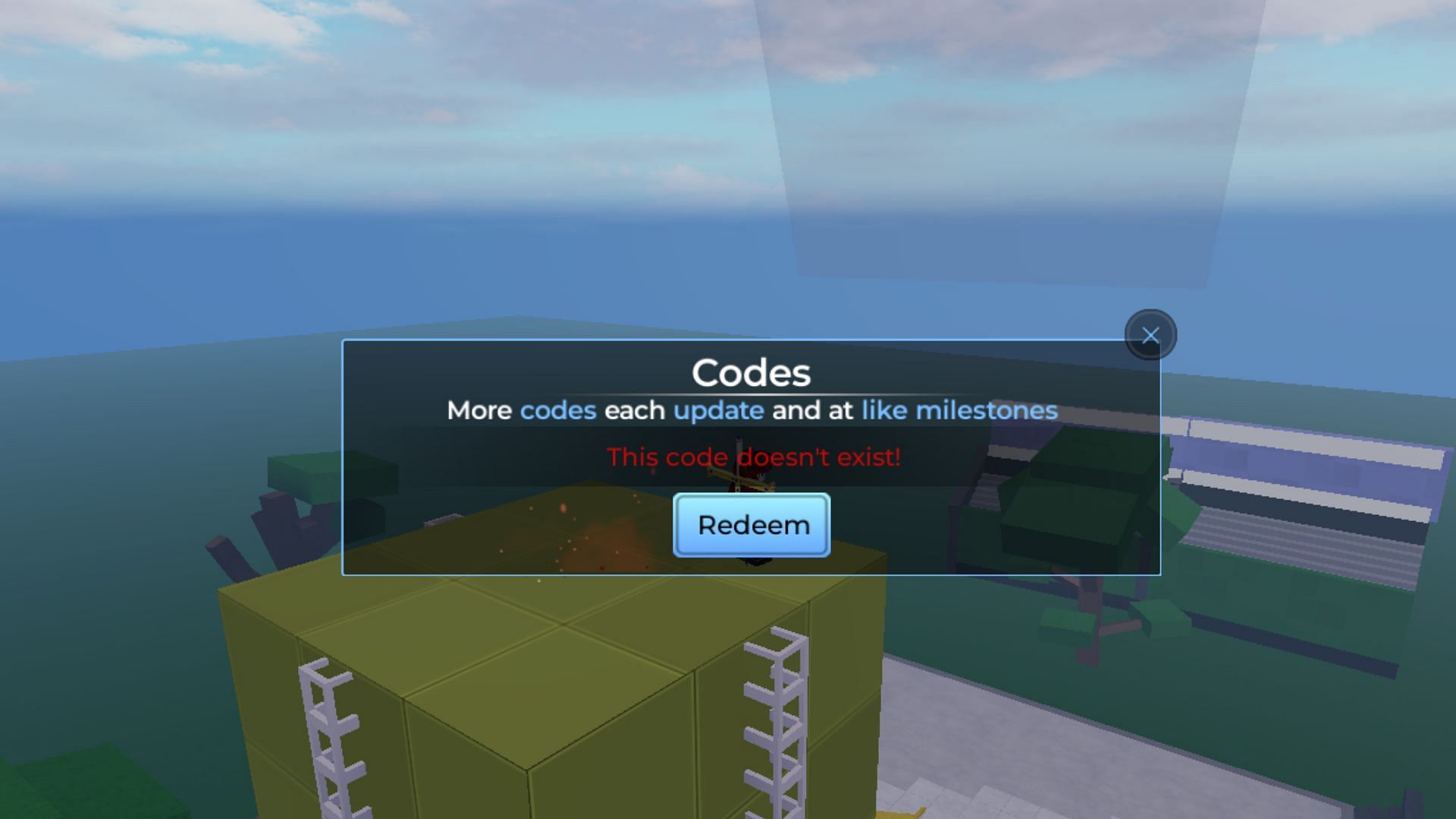 "This code doesn't exist" error in Nen Arena (Image via Roblox)
