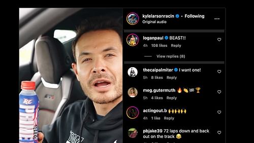 Logan Paul commented on Kyle Larson's latest Prime post - Source: @loganpaul via @kylelarsonracin on Instagram