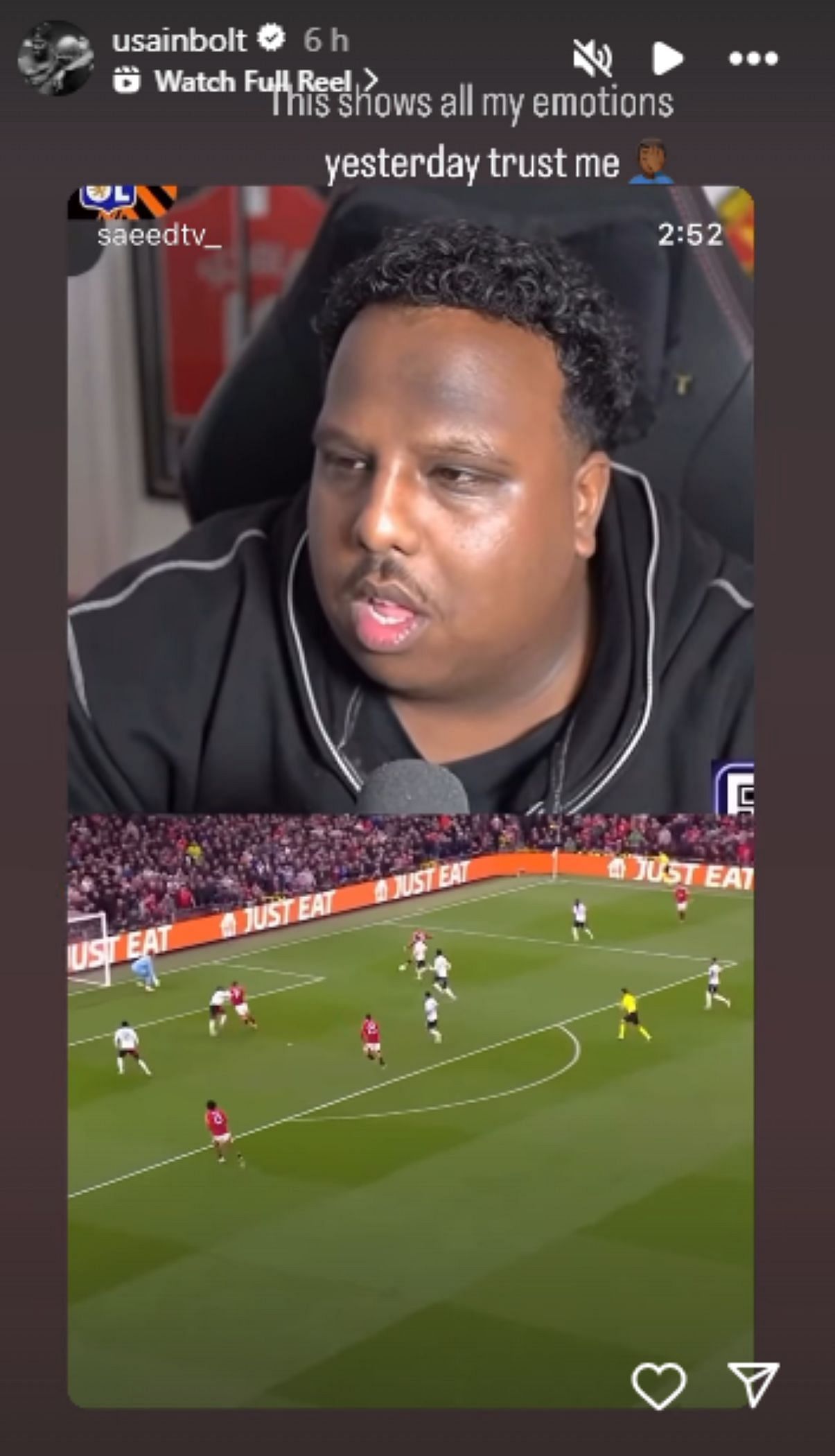 Screengrab of Usain Bolt&#039;s Instagram story on Manchester United vs Lyon [Image Source: Usain Bolt&#039;s Instagram]