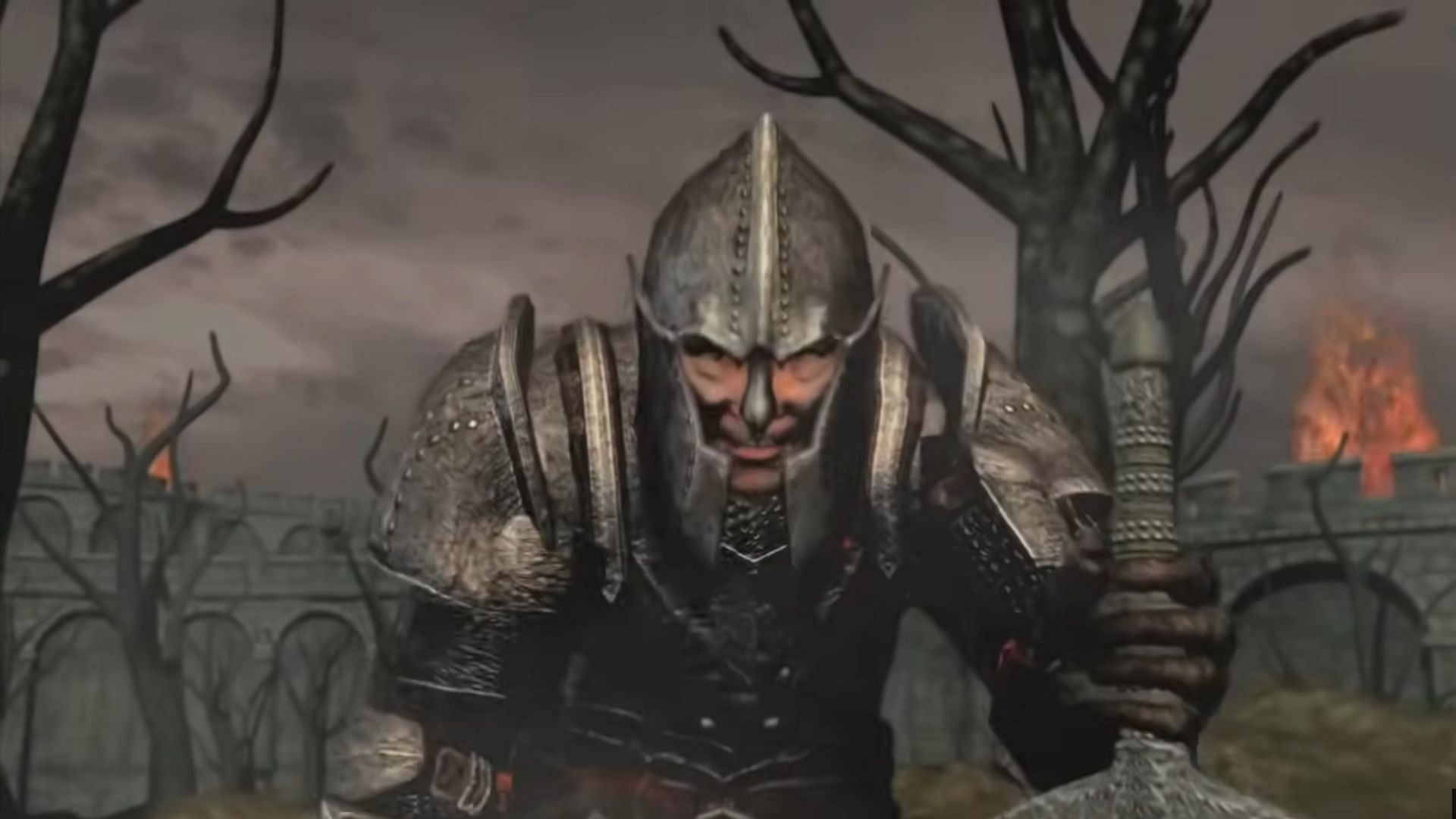 A soldier kneeling on the ground with his sword from Elder Scrolls 4 Oblivion