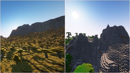 Difference between a random Stony Peaks biome in tectonic mod and regular game versions. (Image via Sportskeeda Gaming || Mojang Studios)