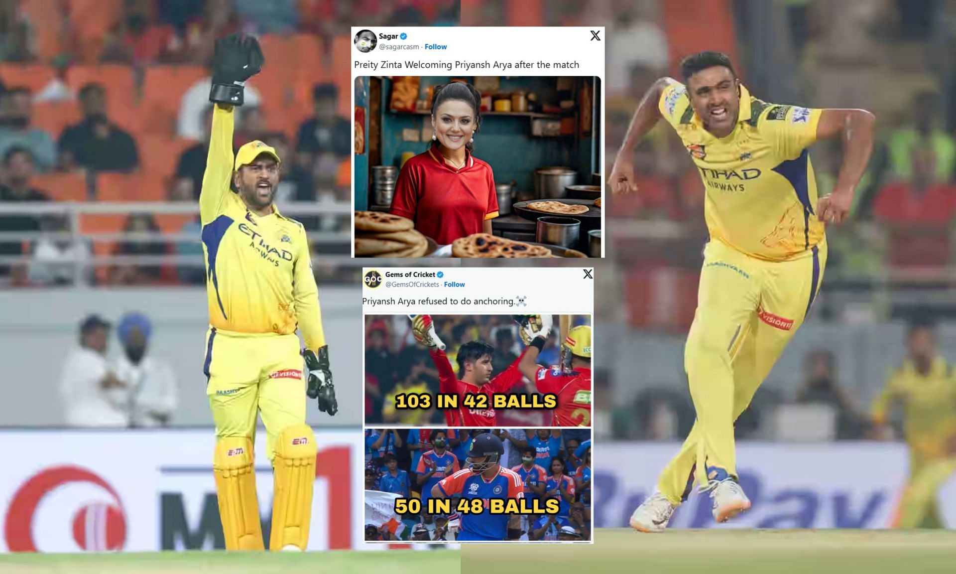 Fans react after 1st innings of PBKS vs CSK match. (Image: bcci.tv, X - @sagarcasm, @GemsOfCrickets)