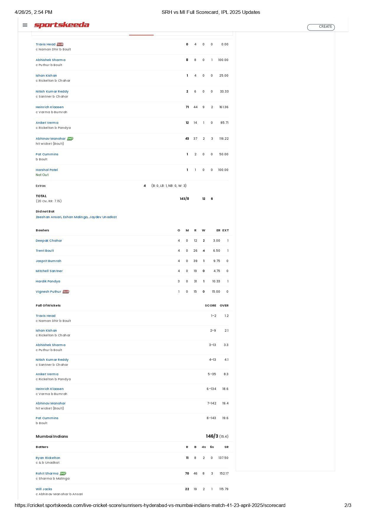 SRH vs MI 2025 scorecard.