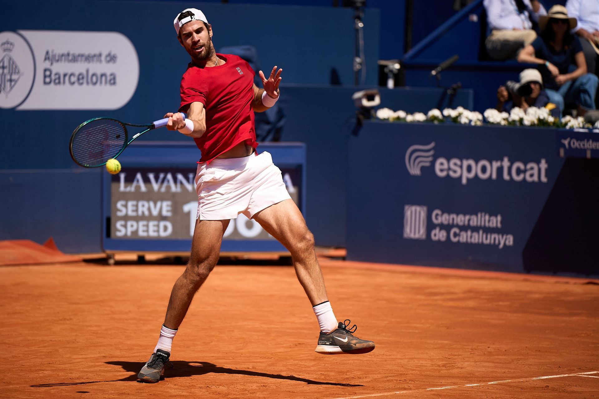 Karen Khachanov plays a forehand shot against Jaume Munarin in the Men&#039;s Singles second Round Match during day four of the Barcelona Open. Source: Getty